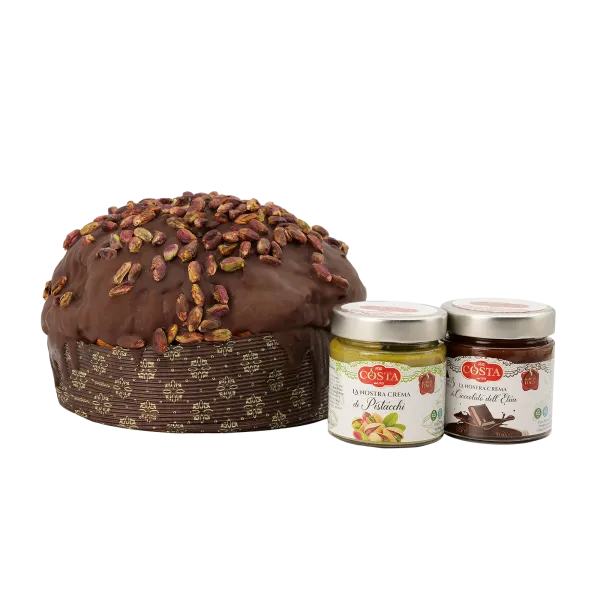 Panettone in scatola artistica, con glassa al cioccolato e pistacchi e doppia crema 1,2 KG