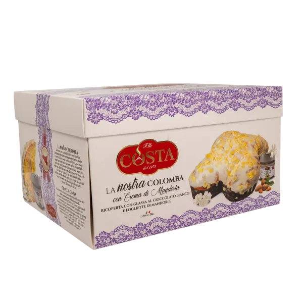 Colomba con glassa al cioccolato bianco e fogliette di mandorla con crema di mandorla 1 KG