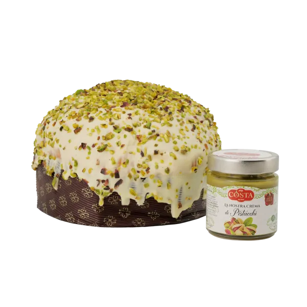 Panettone con glassa al cioccolato bianco e granella di pistacchio con crema al pistacchio 1 KG