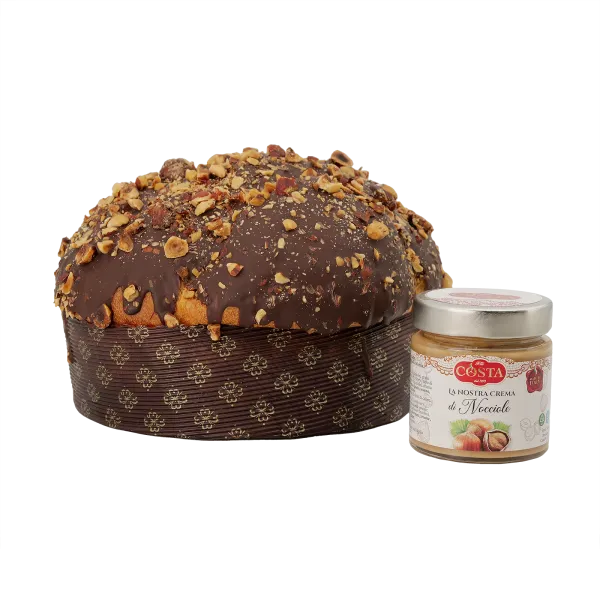 Panettone con glassa al cioccolato e granella di nocciole con crema alla nocciola 1 KG