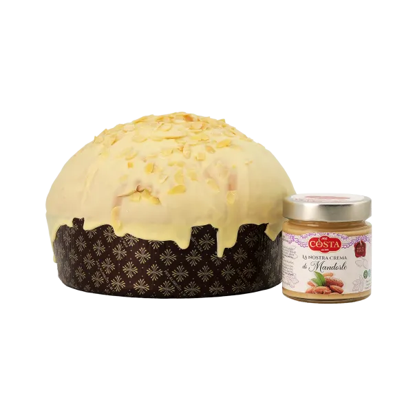 Panettone con glassa al cioccolato bianco e fogliette di mandorla con crema di mandorla 1 KG