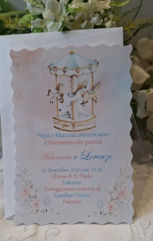 Invito Santo Battesimo gemelli giostrina