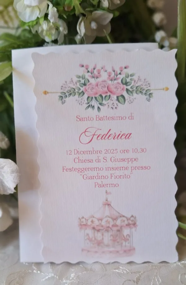 Invito Santo Battesimo giostrina rosa