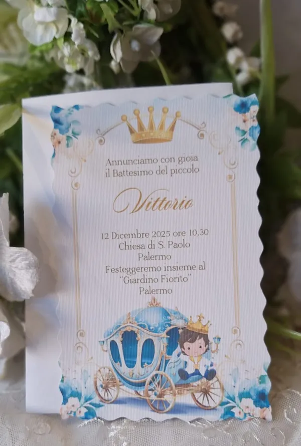 Invito Santo Battesimo carrozza con principe