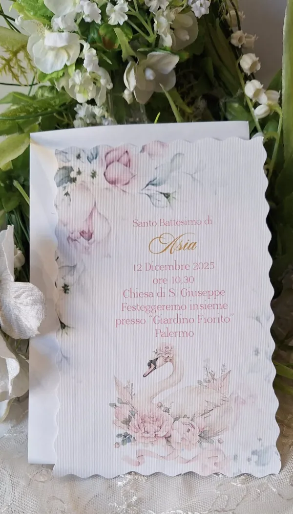 Invito Santo Battesimo cigno rosa