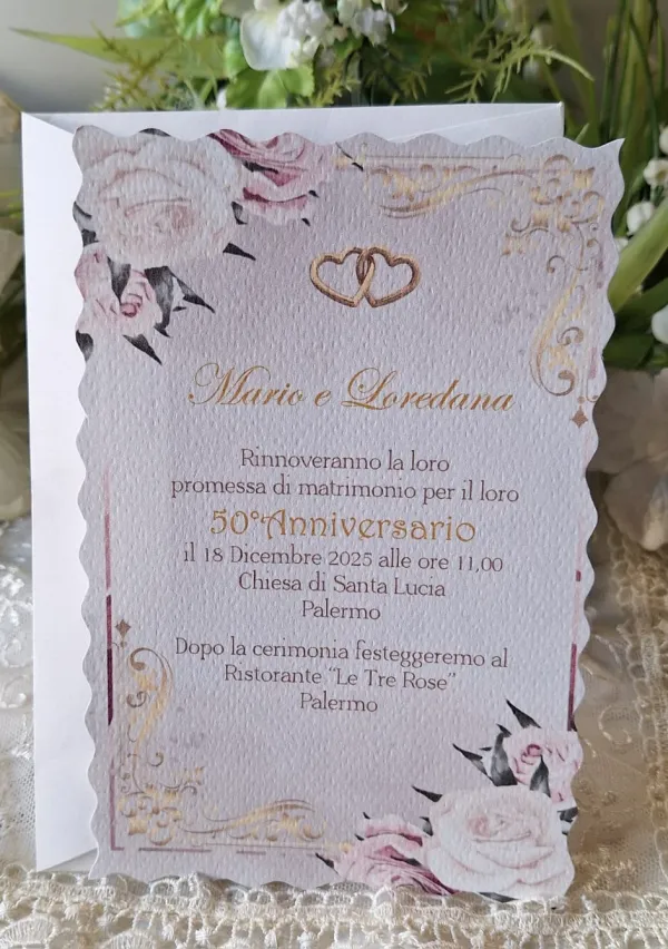 Invito Nozze d'Oro con fiori rosa e oro