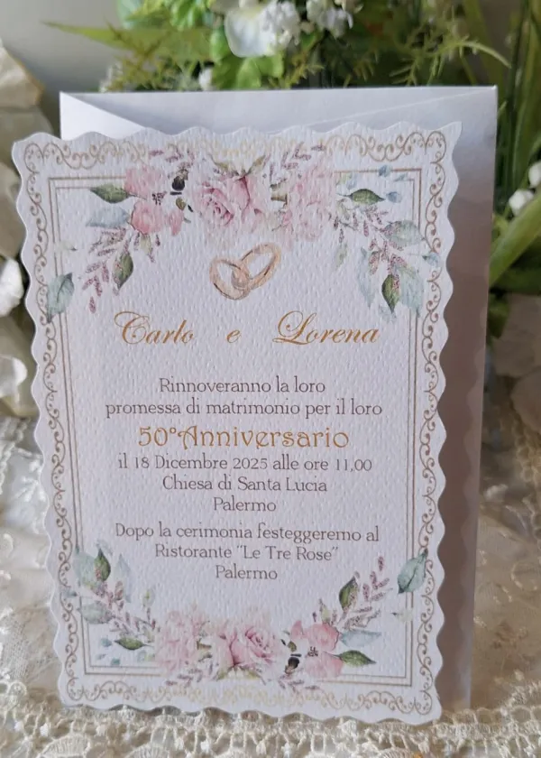 Invito Nozze d'Oro con fiori rosa e oro