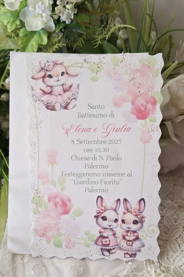 Invito Santo Battesimo gemelle conigliette